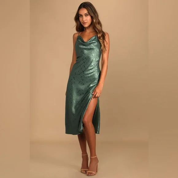 Lulus | Dresses | Youre My Type Sage Green Satin Jacquard Midi Slip Dress |  Poshmark